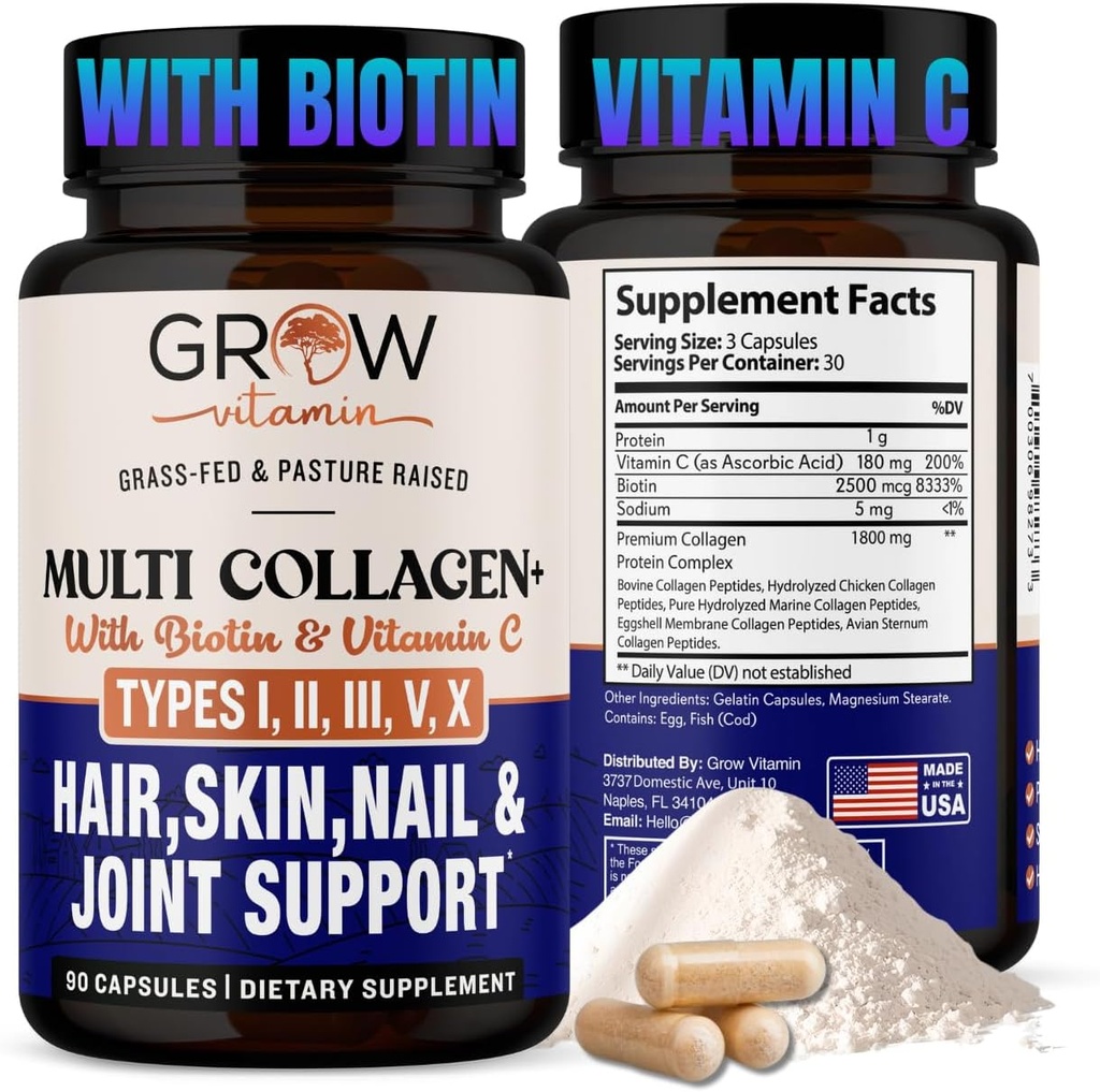 audzēt vitamīnu Multi-kolagēna kapsulas - I, II, III, V & X tips; hidrolizēts maisījums ar biotīnu un C vitamīnu matiem, ādai, nagiem; 90 kapsulas