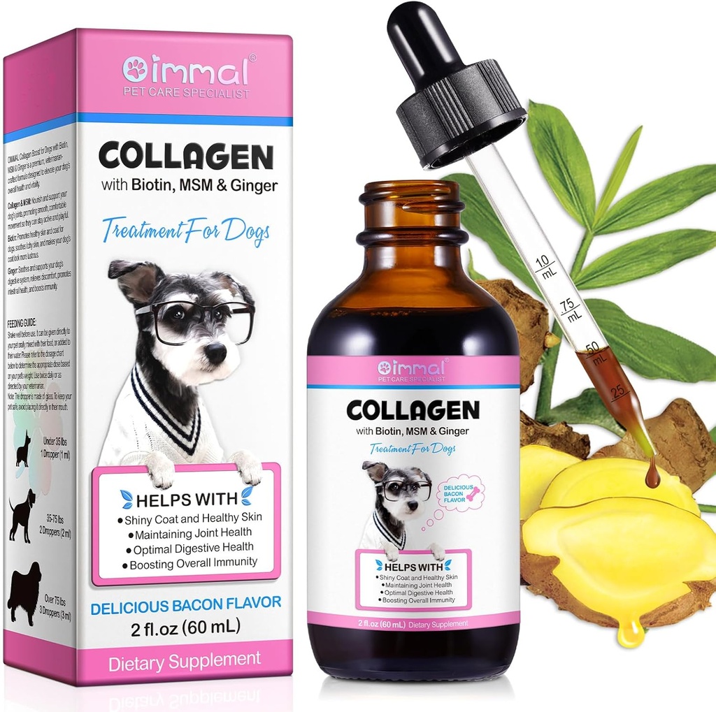 Kolagēns suņiem, suņu kolagēna šķidruma pilieni ar biotīnu, MSM un ingveru Digestive & Immunity Support, Nieze Relief, ādas un apvalki un locītavu veselība, Suņu papildinājums 60ml
