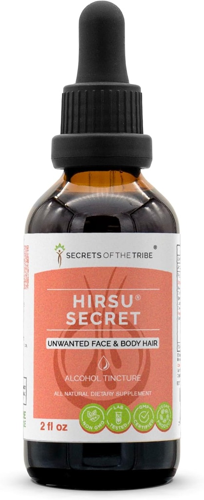 Secrets of the Tribe - Hirsu Secret, Herbal Papildinājums Blend Drops Alkohola šķidruma ekstrakts, Nevēlama sejas un ķermeņa matu (2 fl oz)