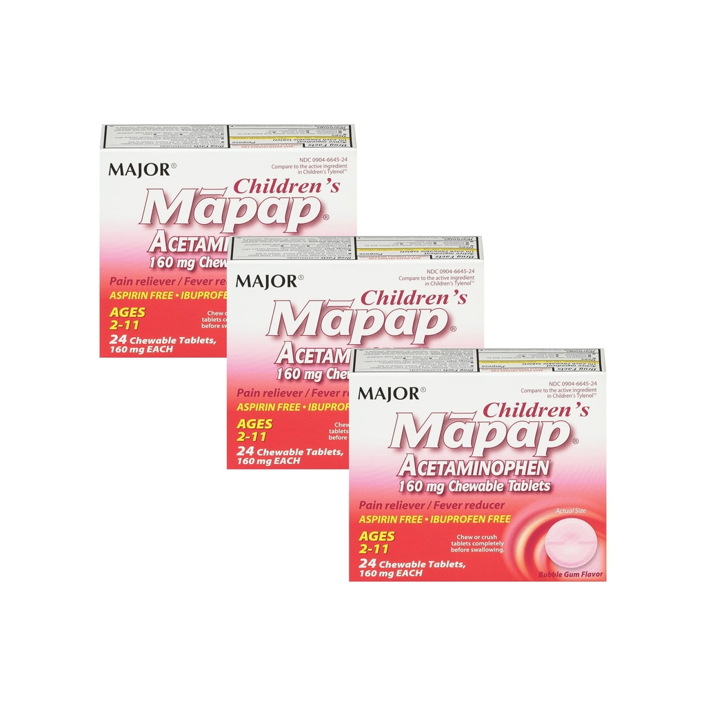 SVARĪGĀKAJĀM BĒRNU MAPAP Acetaminofēns 160 mg Košļājamās tabletes - Pain Reliver/Fever Reducer - Bez aspirīna - bez Ibuprofēna - priekš vecuma no 2 līdz 11-24 gadiem (3 iepakojumi)