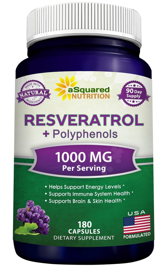 aSquared Nutrition Natural Resveratrol ar sarkanvīna ekstraktu - 180 kapsulas - Trans Resveratrol Antioksidantu Papildinošas tabletes tīrai sirds veselībai - Papildus Stiprums Trans-Resveratrol