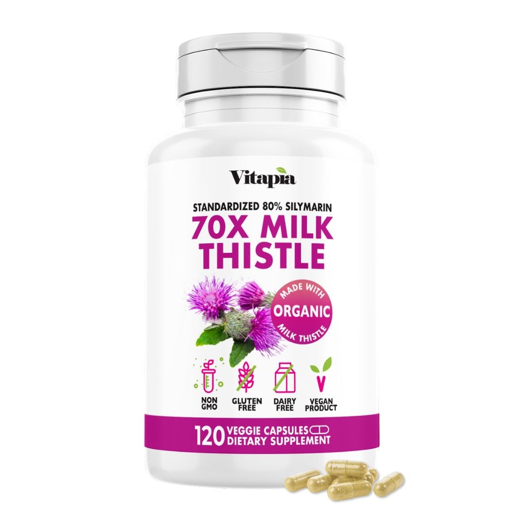 Vitapia Organic Milk Thistle ekstrakts 70:1 Papildinājums - Aknu tīrīšana Detox & Remonts, Aknu veselības atbalsts, Antioksidanti - 120 Vegan kapsulas, ne ĢMO, bez lipekļa