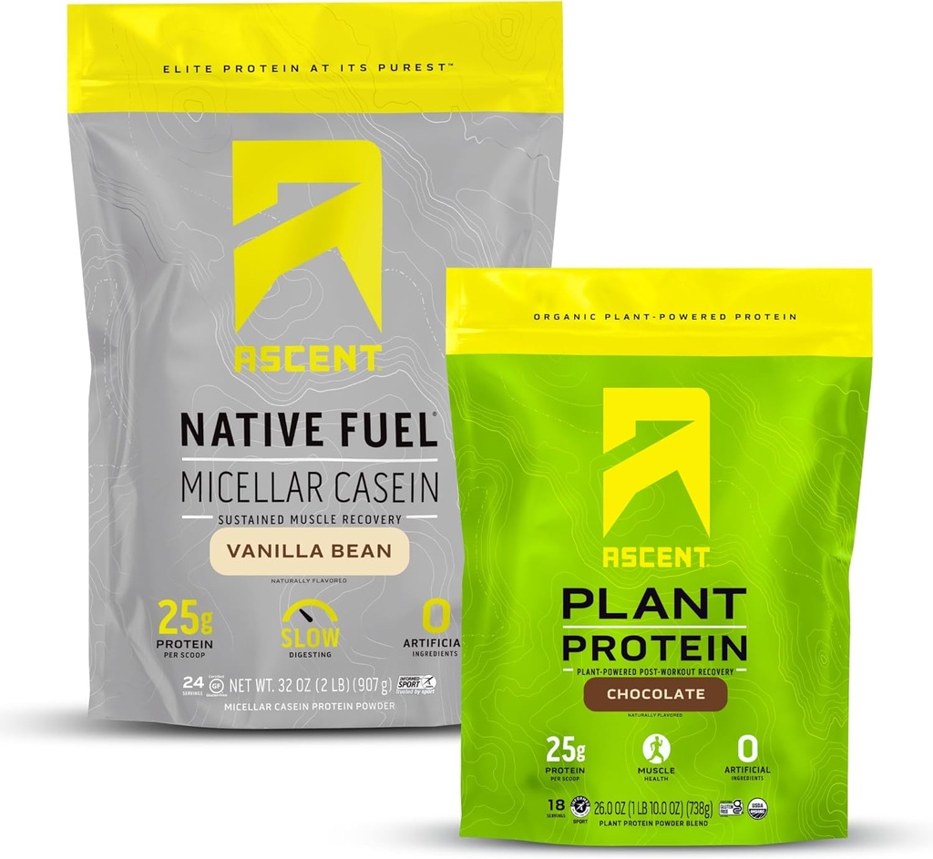 Ascent Casein Protein pulveris Vanilla Bean 2 lb & Plant Protein pulveris Šokolāde 18 Kalpo