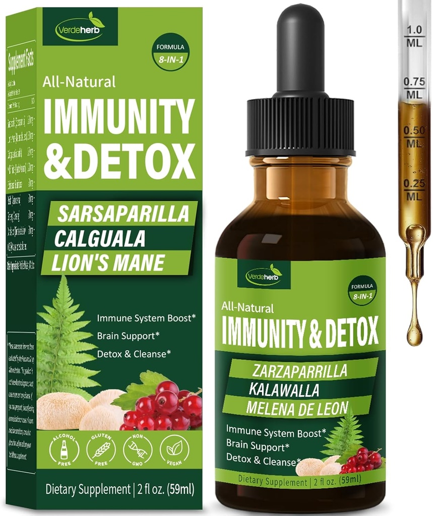 Sarsaparilla & Kalawalla Sakne (Polypodium Leucotomos) Immunity & Detox Drops, Natural Herbal Imūnsupport Formula w/Lion's Mane. Gotas de Zarzaparrilla, Cardo Mariano y Melena. 2oz