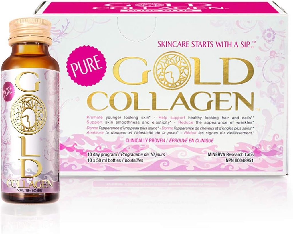 GOLD COLLAGEN Pure - Kolagēna piedevas sievietēm un vīriešiem ar biotīnu matu augšanai, ādai un nagiem - pretgrumbu imūnās sistēmas pastiprinātājs ar hialuronskābi, vitamīns C, B6 un cinks, 1 Pack 10x50 ml