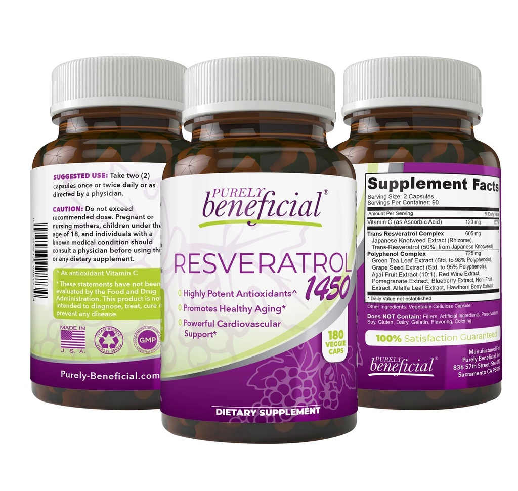 PURELY izdevīga RESVERATROL1450-90 dienu piegādes, 1450mg par apkalpo spēcīgu antioksidantu un trans-Resveratrol, veicina anti-Aging, sirds un asinsvadu atbalsts, maksimālie ieguvumi(1 pudele)