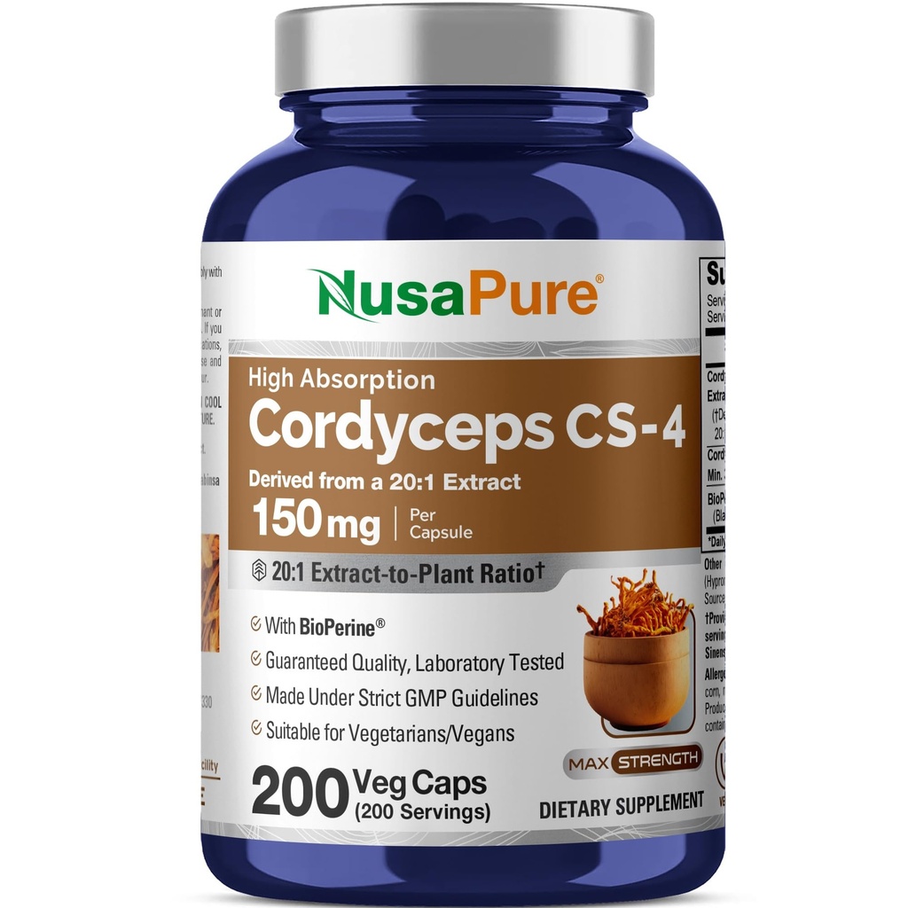 NesaPure Cordyceps 20:1 Ekstrakts, 150 mg Ekvivalents 3000 mg 200 Veggie kapsulas (Sinensis CS-4, Non-GMO, Vegan) Bioperīns