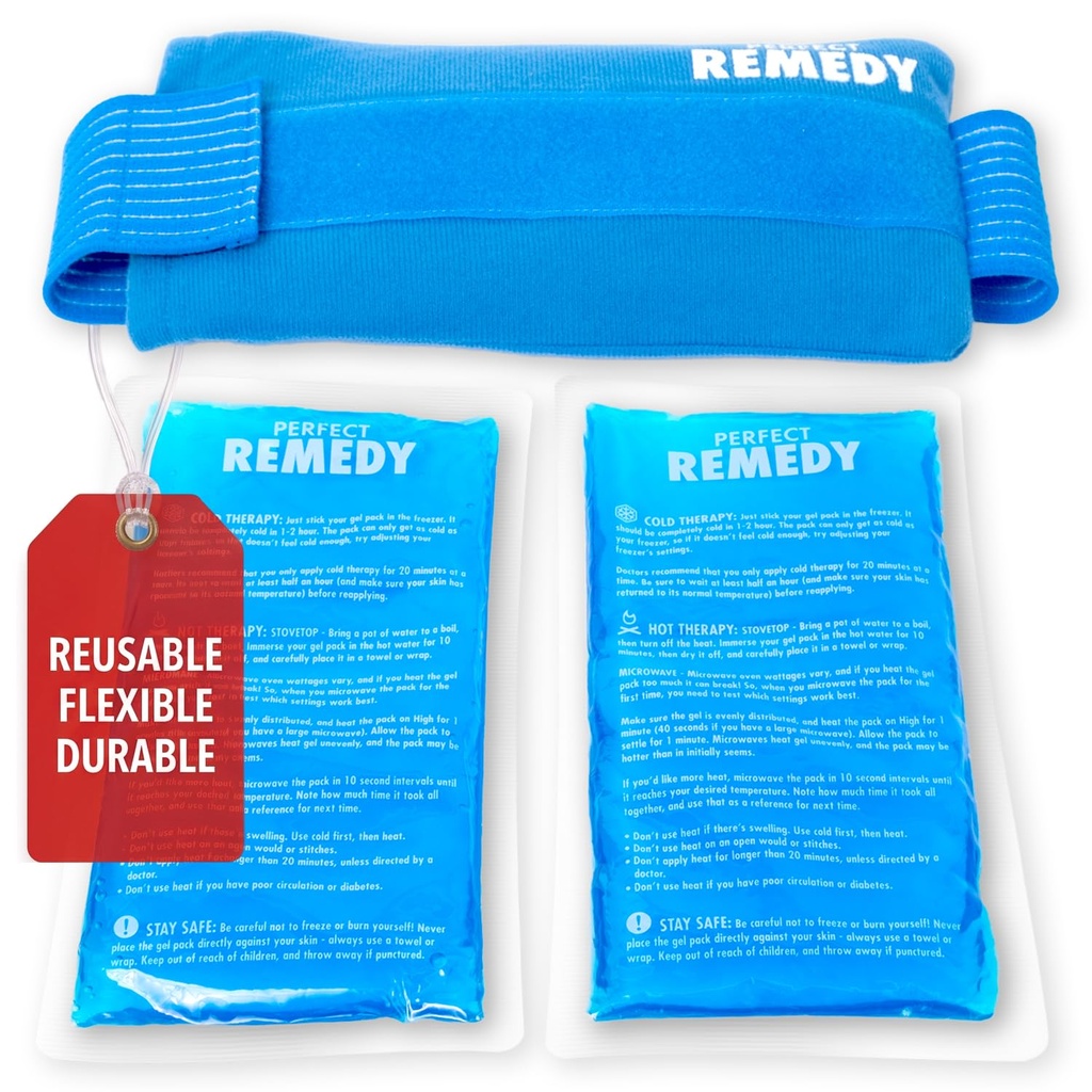 Perfect Remedy 2-Pack Gēla ledus iepakojumi traumām ar siksnu vāku, elastīga karstā saspiešana, nomierinošas mīkstās ledus paketes atbalstam traumu gadījumos, alternatīva karsta ūdens pudelēm (zilas, regulāras)