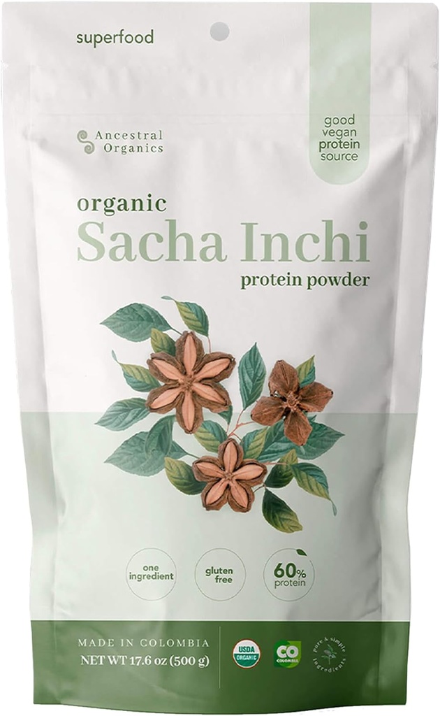 ANCESTRAL Organics Vegan Protein Powder, Sacha Inchi Sertificēts Organic Superfood - 17g Augu izcelsmes proteīns - Nutrient Rich - bez lipekļa, bez piena, bez cukura - 1.1lb