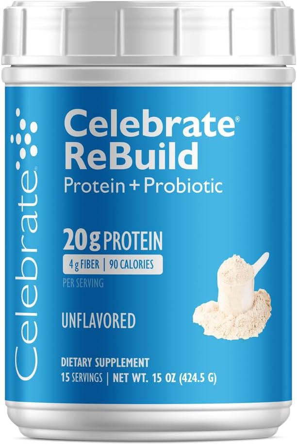 Celebrate Vitamīni Rebuild Olbaltumvielu Pulveris ar probiotikām un prebiotikām - 20g sūkalu izolātu Proteīns, augsts Fiber, pēcbariatriskās ķirurģijas pacientiem - neflavored (15 Kalpo)