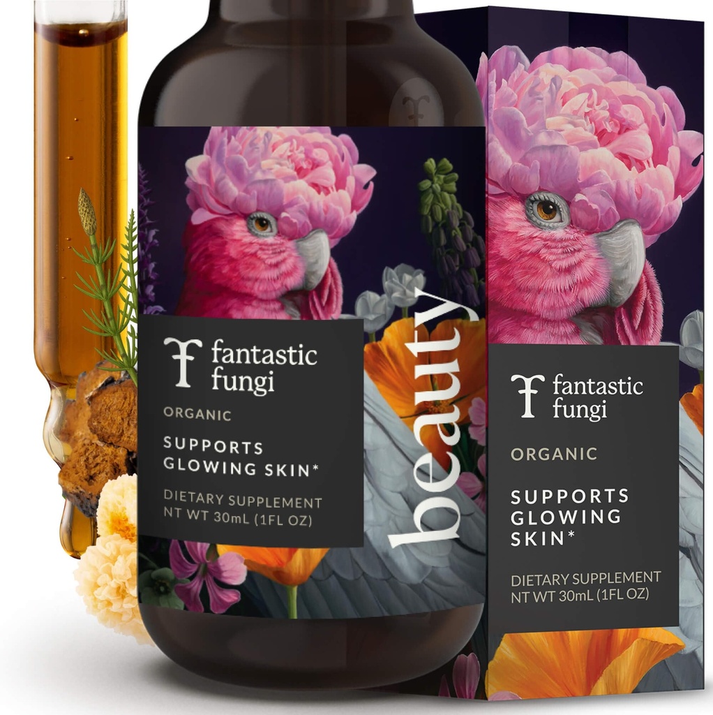 Fantastic Fungi Beauty Elixir with Tremella Sēņu ekstrakts, Chaga Sēņu ekstrakts, Horsetail & Acerola - Organic Drops for Healthy Hair, Skin & Nails - Formulēts ASV - 30 Servējumi, 1 fl oz