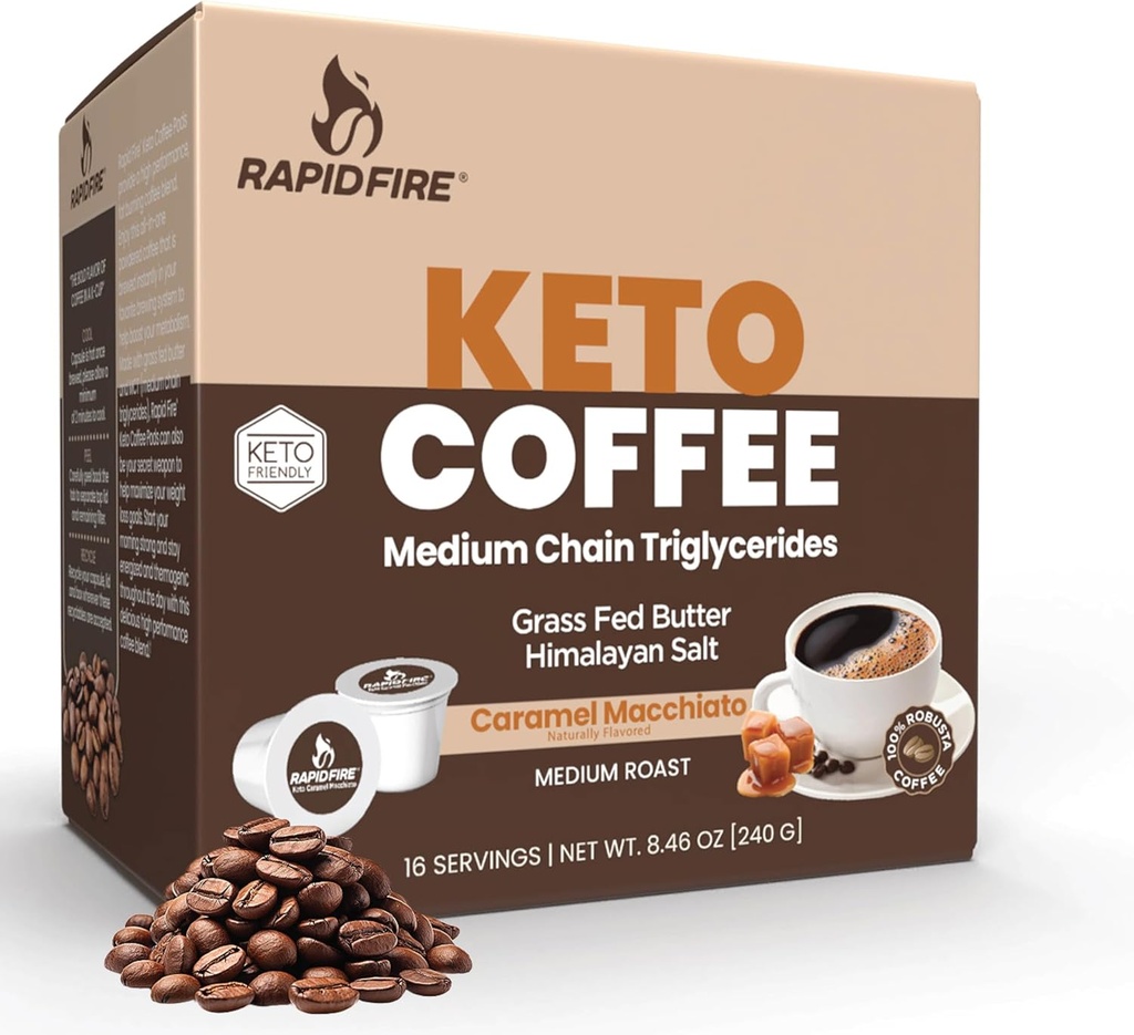 Rapidfire Karamele Macchiato Ketogenic augstas veiktspējas Keto Coffee Pods, atbalsta enerģiju un vielmaiņu, Svara vadība, Single Serve K Cup, Brown, 16 Count