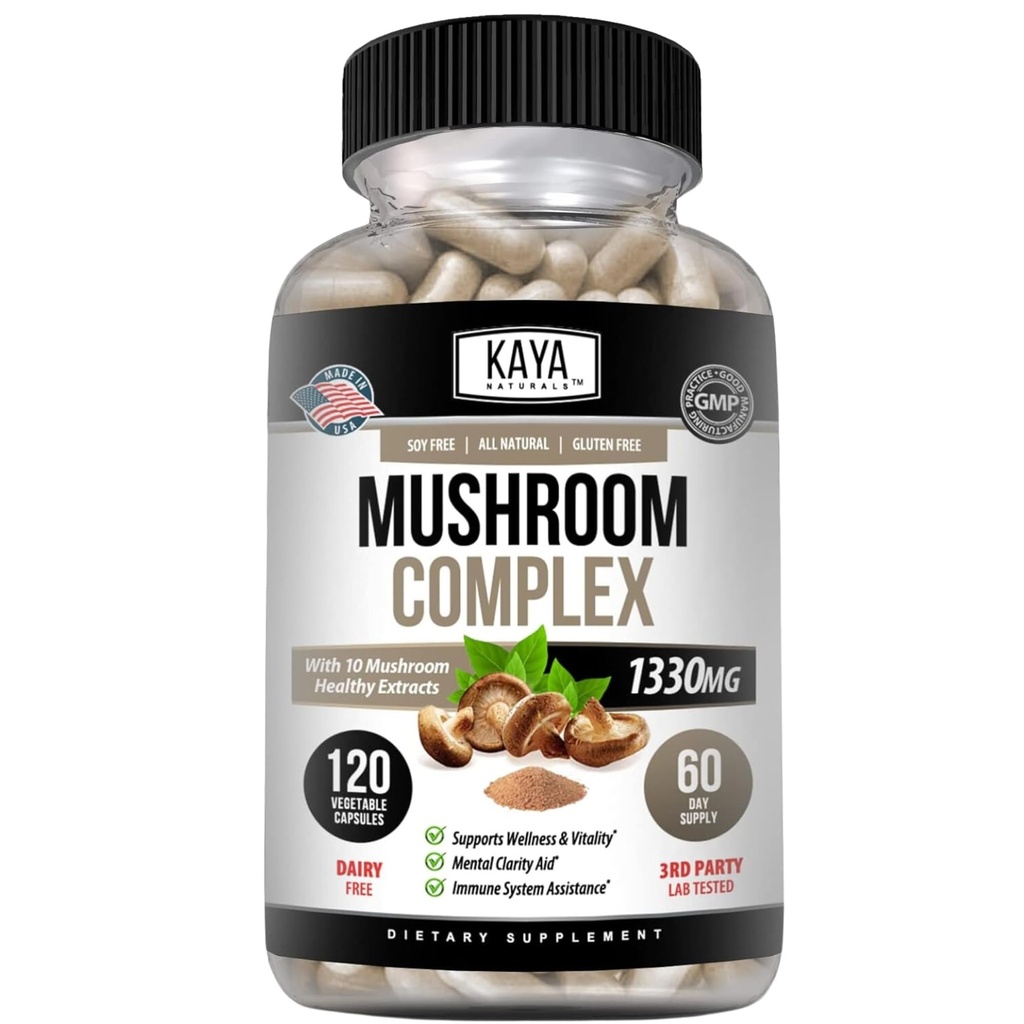 Kaya Naturals Premium Sēņu komplekss Potents - Sēņu komplekss Kapsulas 1995mg Per Servē - AIDS Garīgā skaidrība Atbalsta Imūnsistēma, labsajūta & Vitalitāte - 120 Count