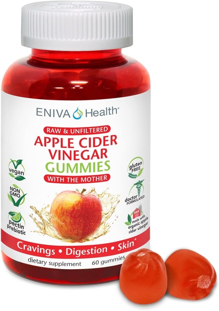 Eniva veselība Ābols Sidrs Etiķis Gourmet Gummy Vitamīni 60 Ct USDA Organisks ACV Vegan Gluten bez ne-GMO ar māti B9 B12 Bietes Granātābols Enerģija Curb Cravings Detox Cleanse Immunity