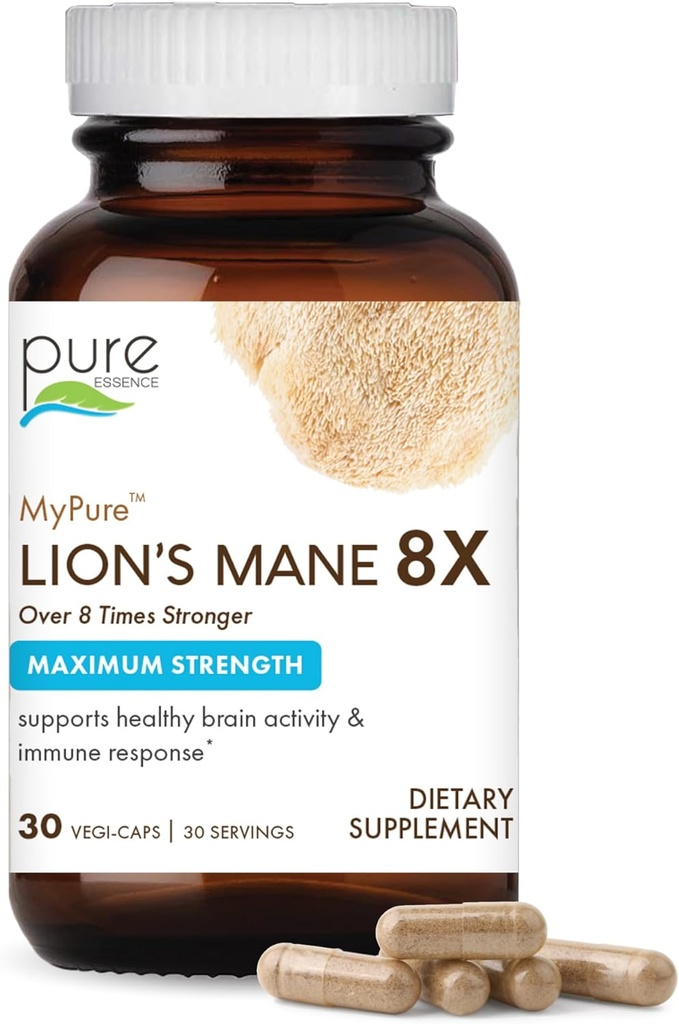 PURE ESSENCE LABS MyPure Lion's Mane 8X - Max Strength Smadzenes Atbalsts ar 100% Augļošanas ķermeņa Organic Lion's Mane par Ultimate kognitīvo veiktspēju, Focus, un garīgo skaidrību, 30 kapsulas