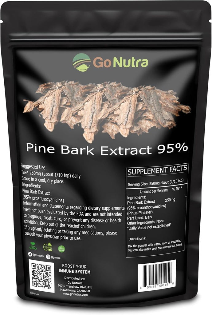 Go Nutra Pine Bark ekstrakta pulveris Standartizēts 95% Proantocianidīns Pine Bark pulvera potents papildinājums 8oz. Pure Non-GMO Vegan