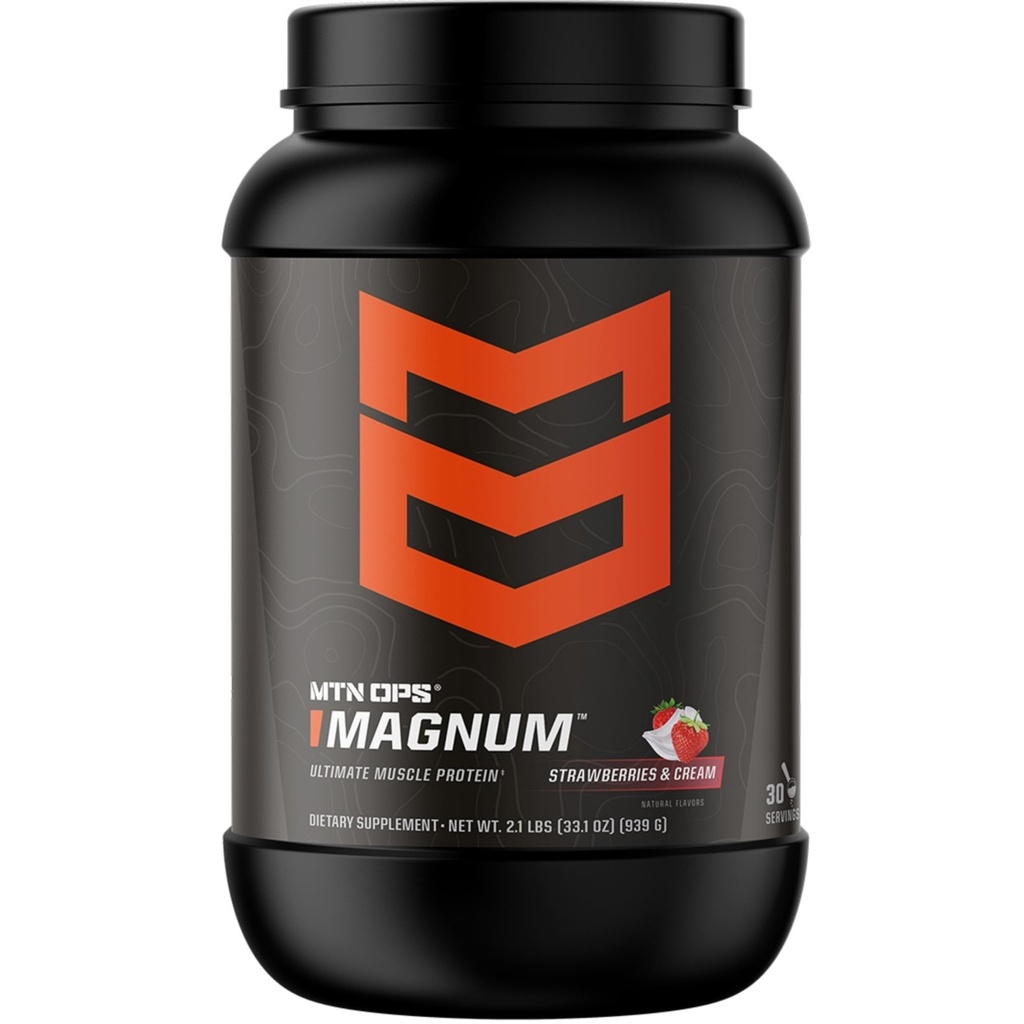 MTN OPS Magnum zemeņu proteīna pulveris, 23g sūkalu izolātu proteīna un piena proteīna kopā ar BCAA, bez cukura un glutēna, zemenēm un krēmu, 30- seržu kubli