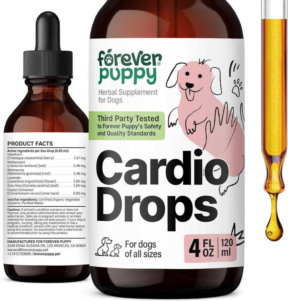Forever Puppy Cardio pilieni suņiem - sirds atbalsts suņiem w/Hawthorn Berry & Motherwort Herb - Šķidrs antioksidants Papildinājums w/Gotu Kola Leaves & Lavender Extract - 4 fl oz