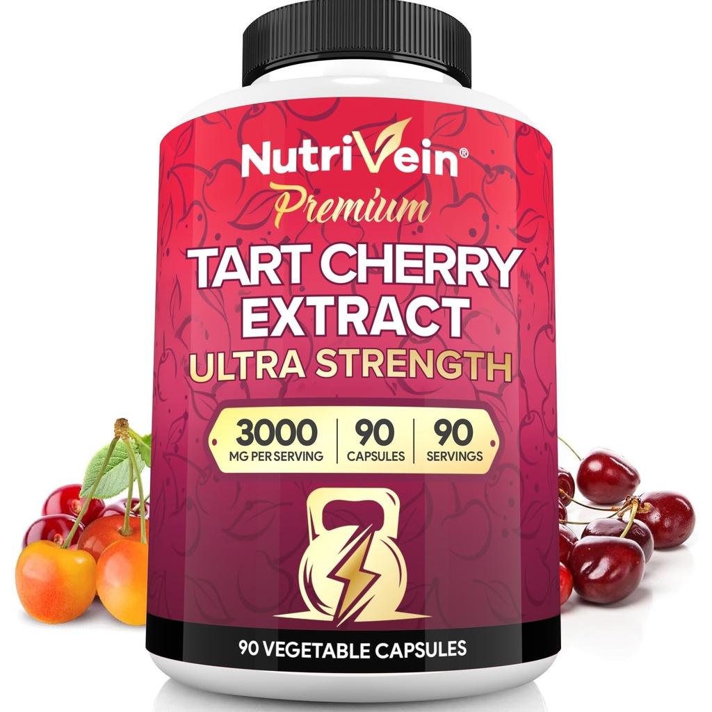 Nutrivein Premium Tart Ķiršu kapsulas 3000mg: Ultra Strength Tart Ķiršu ekstrakta papildinājums pēc-Athletic Recovery, Detox, Atpūta, & Mobilitāte
