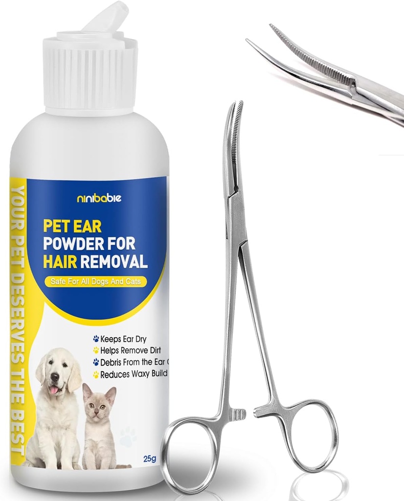 Ausu pulveris suņiem Noplūkšana,Dog Ausu Infekcija Ārstēšana ar 5,5 Inch Tweezers Izgriezts,Removal Ausu Matu Pulveris,Soothes Nieze Ausu & Relieve Scratching