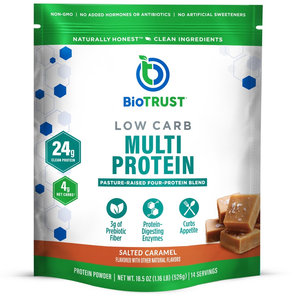 BioTrust zema karbona proteīna pulveris - Veselīgs, izolēts sūkalu proteīns Pulveris un kazeīna maisījums no gļotādām, ganību rozīnēm, Plus gremošanas enzīmi - sālīts karamelis, 14 Kalpojumi