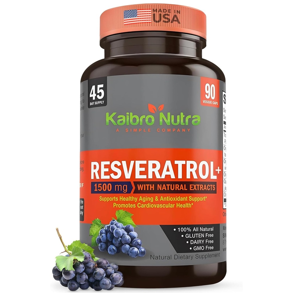 Kaibro Nutra Resveratrol papildinājums, 1500mg Extra Strength Trans Resveratrol, Quercetin ar Japānas mezglojuma ekstraktiem, pretapaugšanas, radiācijas ādas un imunitātes atbalsts, Vegan & Non-GMO, 90 kapsulas