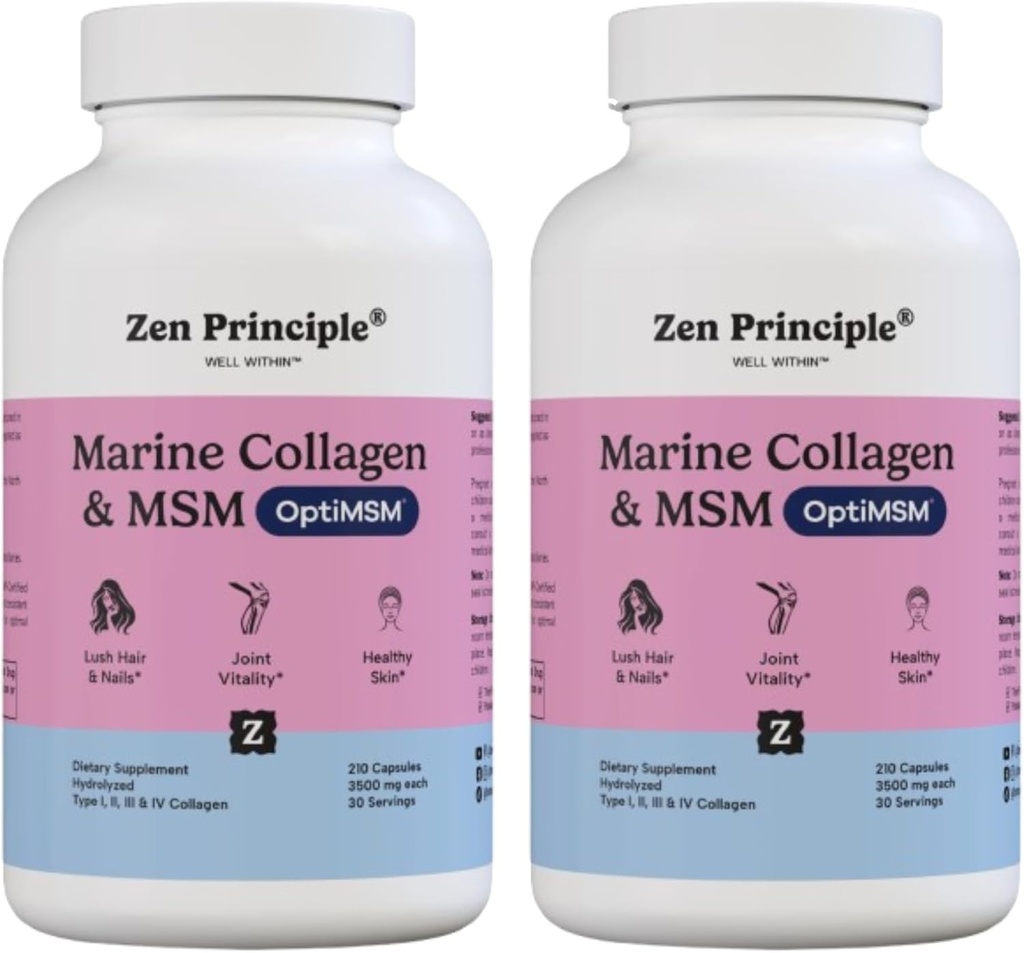 Zen Principe Marine kolagēna peptīdi Pulveris ar OptiMSM® papildinājumu. Klīniski pārbaudīts ādas atbalsts. 420 Kapsulas.