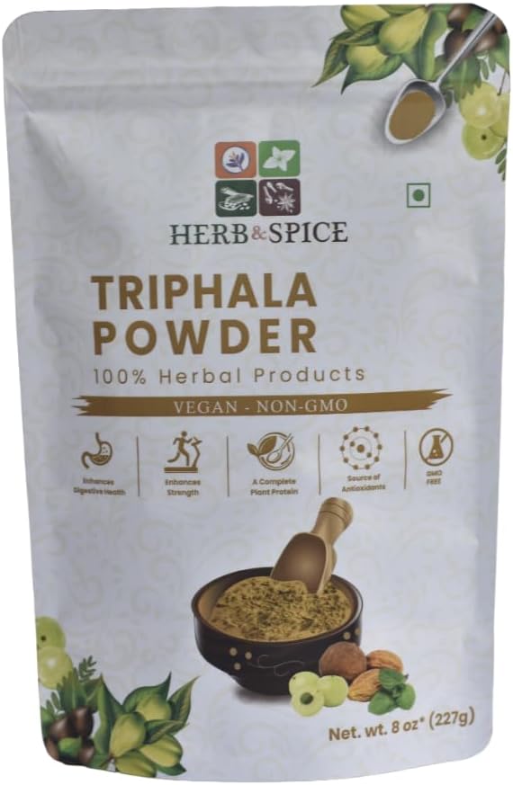 Triphala Powder Non ĢMO, bez lipekļa, 100% Raw, nācis no Indijas, augu formula Amla, Haritaki, Bibhitaki, Iepakots Reselable Zip Lock Pouch (227 Grams)
