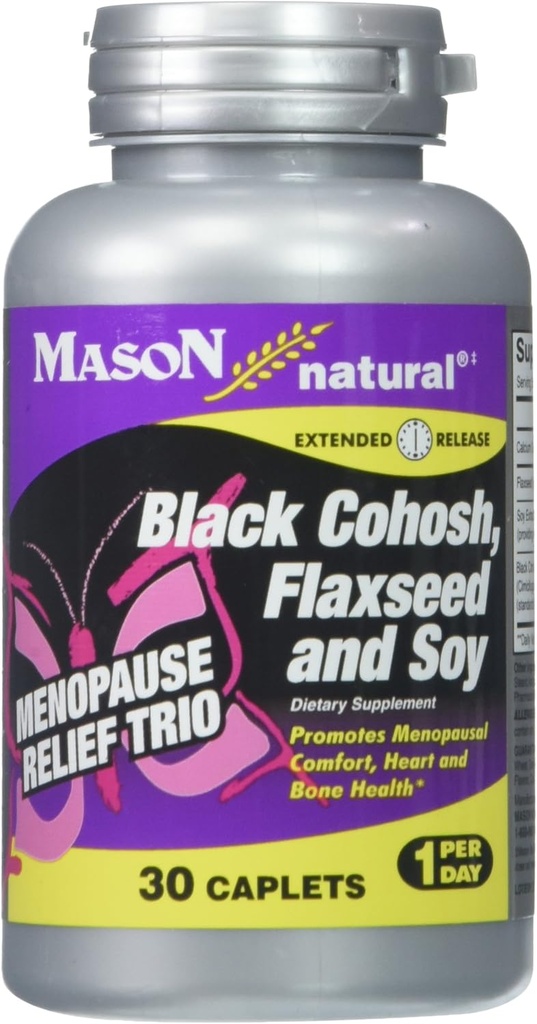 MASON NATURAL Menopause Trio: Black Cohosh, Flaxseed, & Soy (Extended Release) - Var mazināt karstās zibspuldzes un nakts sviedrus*, atbalsta veselīgu hormonu līdzsvaru*, 30 Caplets