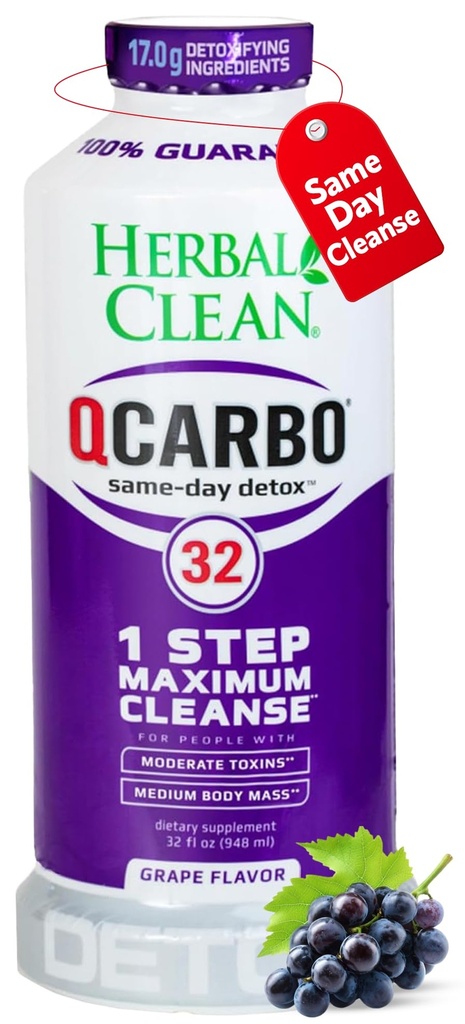 Ārstniecības augu tīrs Qcarbo32 tajā pašā dienā Detox tīrīt dzērienu (32 fl oz) - Vīnogu Flavor Pilna ķermeņa tīrīšana* Detox dzēriens augstam toksīnu līmenim*, B2 vitamīns un B12 vitamīns vīriešiem un sievietēm