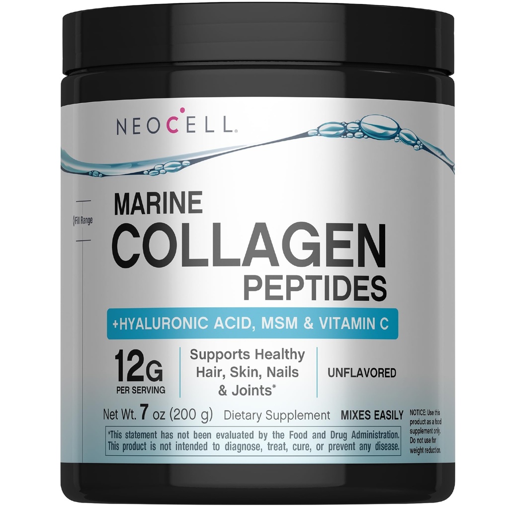 Neocell Marine kolagēns ar hialuronskābi, MSM un C vitamīnu, Keto kolagēna papildinājumiem ādas kopšanai un locītavu veselībai, nepārziepjojams, pulveris, 7 oz, 1 kārba