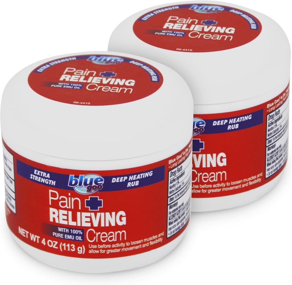 Blue Goo Maksimālais spēks Sāpju relieving Cream - Deep Apkures Rub muguras / kakla, sporta muskuļu / locītavu, spraugām, Bursīts, Celmi - 2 Iepakojumi pa 4 oz, Izgatavots no 100% tīras Emu eļļas