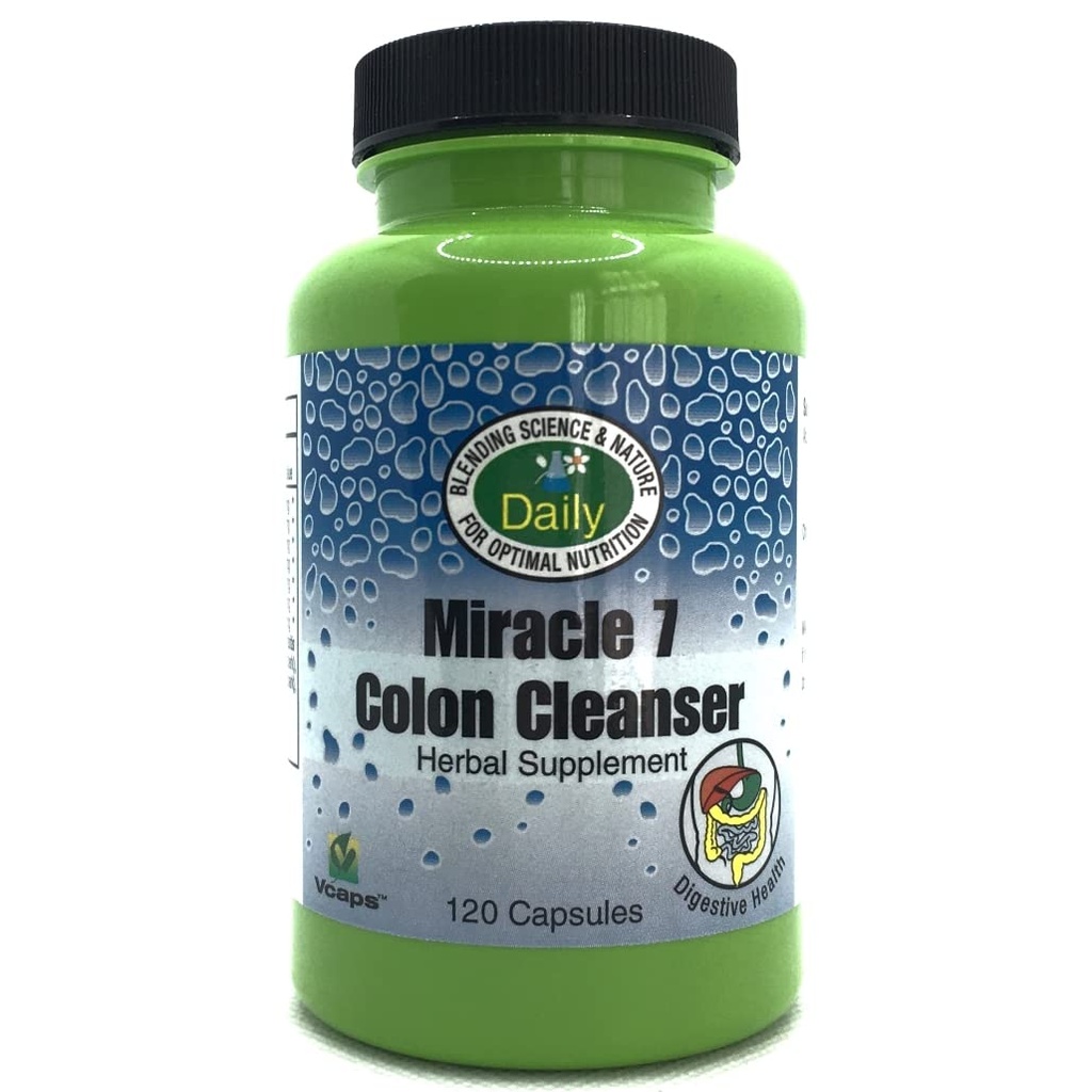 Diennakts ražošana Brīnums 7 Colon CleanserTM (apkures zāles, Acidophilus, Apple Fiber, Gentian, Goldenseal Root, Buckthorn, Rhubarb, Cascara Sagrada, All Leaf Aloe Vera & Cinnamon) 120 kapsulas