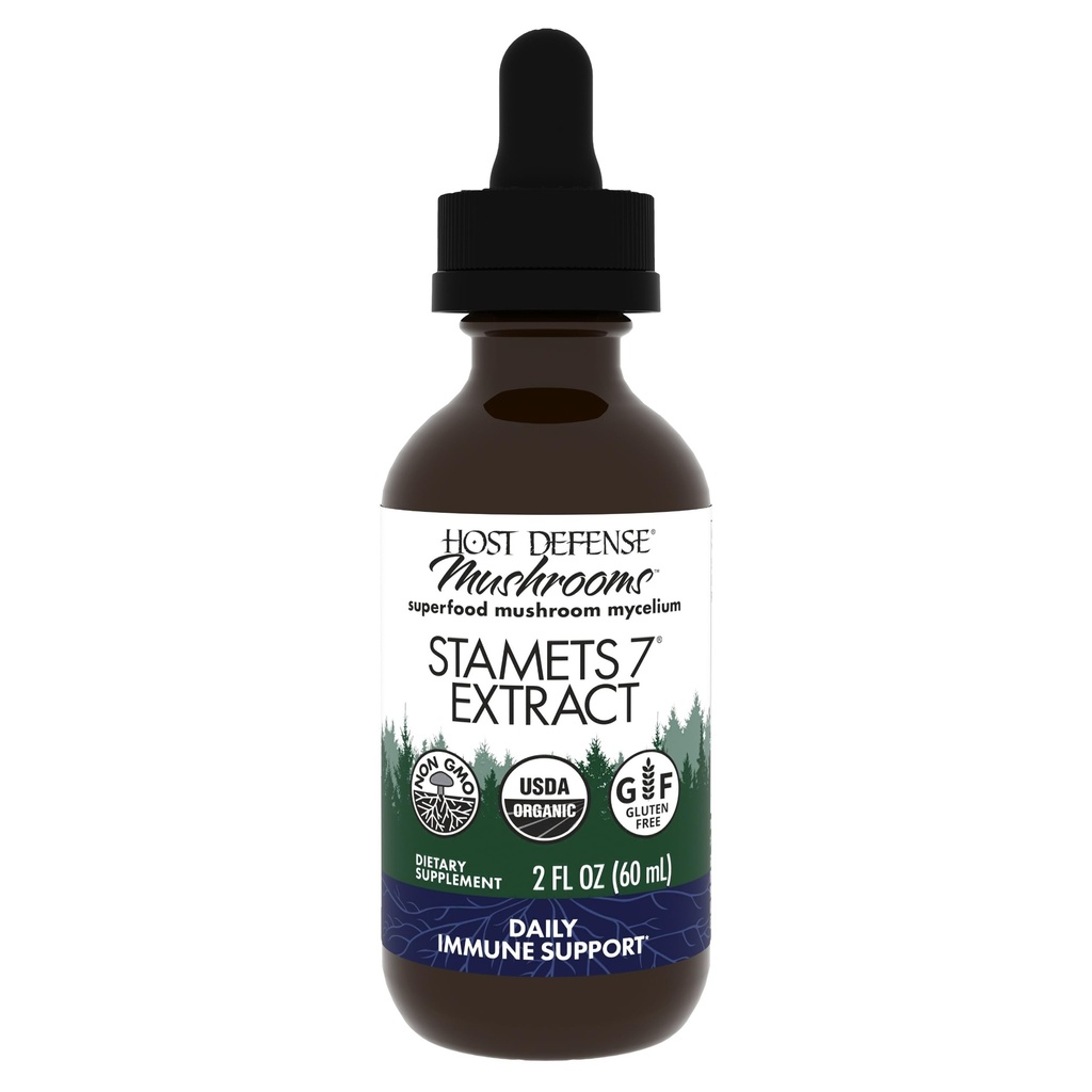 Host Defense Stamets 7 ekstrakts - 7 Sugas Blend - Sēnes papildinājums Imūnsupportam ar Karalisko Sun Blazei, Cordyceps, Reishi, Maitake, Lion's Mane, Chaga & Mesima - 2 fl oz (60 Kalpo)*