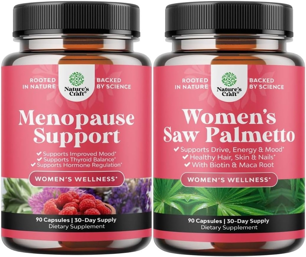 Bundle of Menopause Papildinājums Hot Flashes ar Dong Quai Vitex Chaste Berry & Black Cohosh & Extra Streng Saw Palmetto sievietēm 500mg - DHT bloķētājs Matu izkrišana Papildinājums ar Maca Root & Biotin