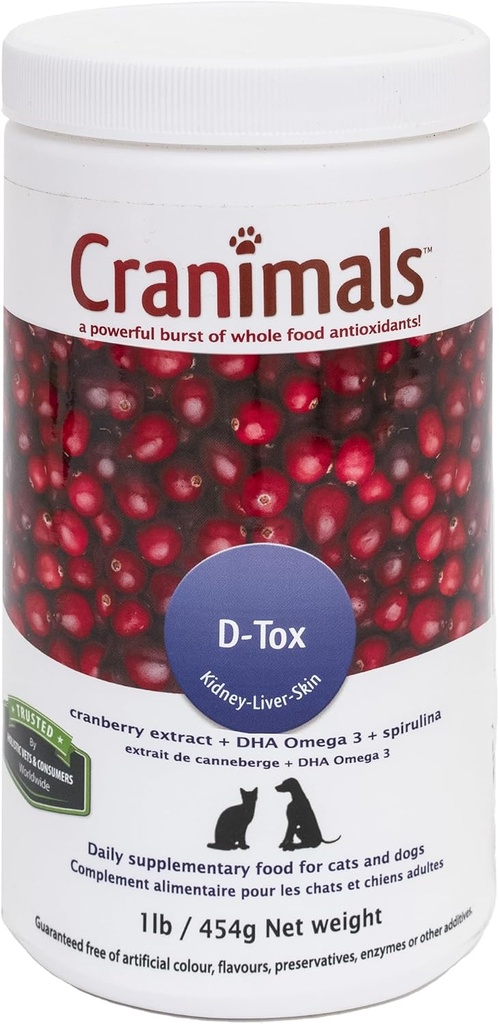 Cranimals D-Tox Daily Multivitamīni suņiem, Superfood Aminoskābes, Antioksidanti, DHA Taukskābes, Vitamīni E, B, D, Biotīns, Minerāli, lai atbalstītu vielmaiņas funkcijas, Enerģija, Pet Wellness, Longevity