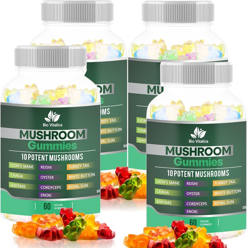 BIO VITALICA Sēņu gumijas – 10 Sēņu komplekss ar Lionas mane, Reisi, Chaga, Cordyceps & More – Augļveida Vegan Gumies – Non-GMO, Gluten-Free, Plant-Based – 4 pakas