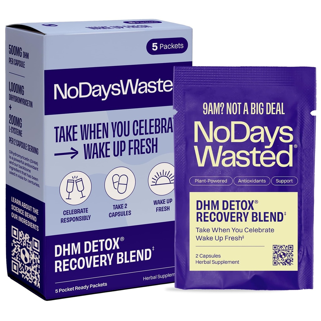 Nav dienas izšķērdēts DHM Detox 5 Portable Servings - Optimizēta Blend of DHM (Dihidromiretīna papildinājums) un vitamīnus veikt laikā vakars labāku nākamo dienu un atveseļošanos