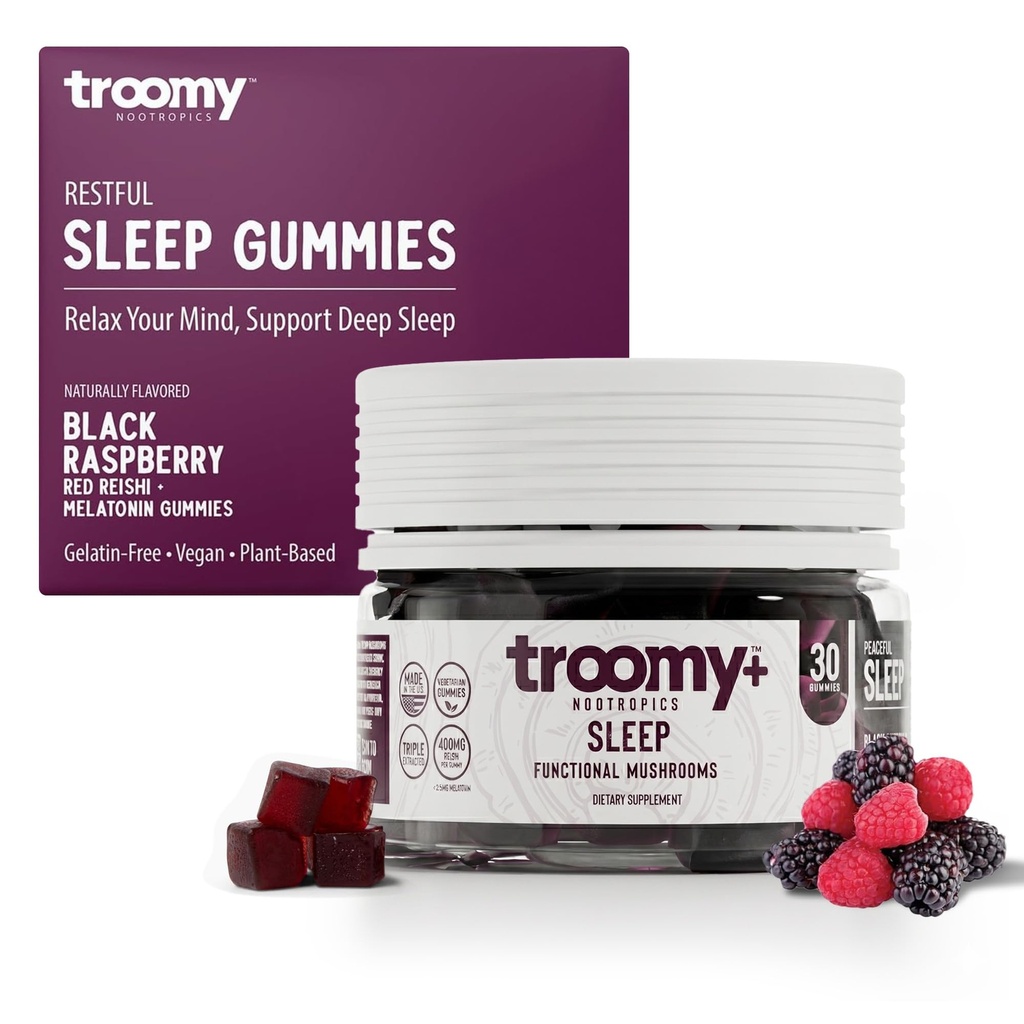 Troomy Miega Reishi + melatonīns Great Tasting Mushroom Gumies - Atbalsta Restful Miega - Black Avenes - 30 Count