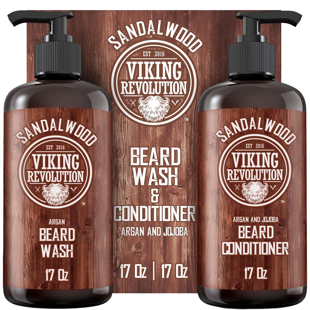 Viking Revolution Beard Wash & Beard Kondicionieris Komplekts ar Argan & Jojoba Oils - Mīkstina un stiprina - Dabīgs Sandalwood Smarža - Bārda Šampūns ar Beard Oil (17 oz)
