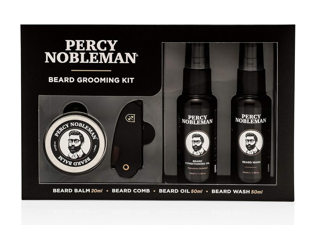 Percy Nobleman Beard Grooming Kit - Paraksts Aromatizēta Bārda eļļa 50ml, Mazgāt 50ml, Balm 20ml & Comb