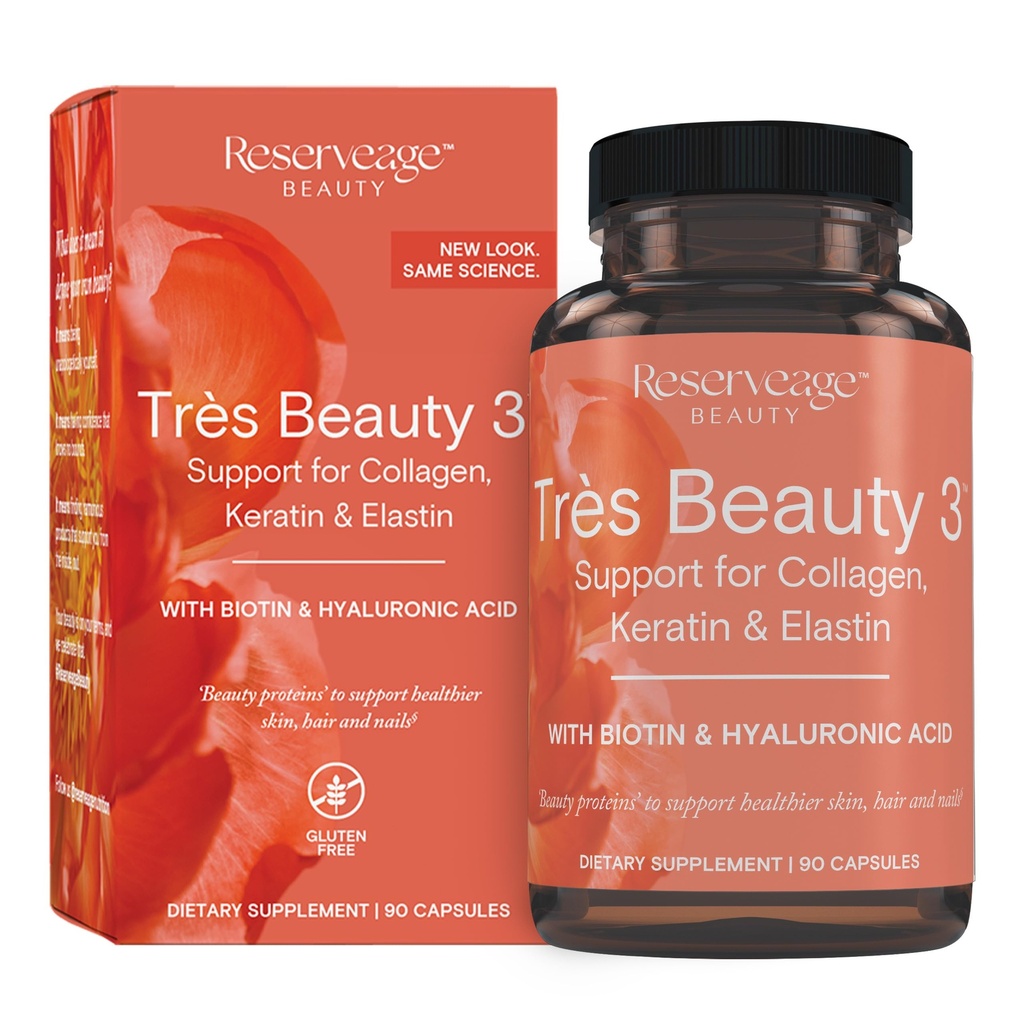 Reservage Nutrition - Tres Beauty 3 - papildinājums matu augšanai, ādas kopšanai un nagu kopšanai - kolagēna papildinājums ar keratīnu un biotīnu - bez lipekļa - 90 kapsulas (30 Servē)