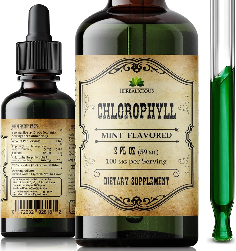 Hlorofila šķidrie pilieni – Organiskais dabiskais detokss un tīrības atbalsts – Boost Energy, immunity & Metabolism – Vegan, Non-GMO, Mint Flavor, 2 fl oz – Nātrija vara hlorofilīna ekstrakts – ražots ASV