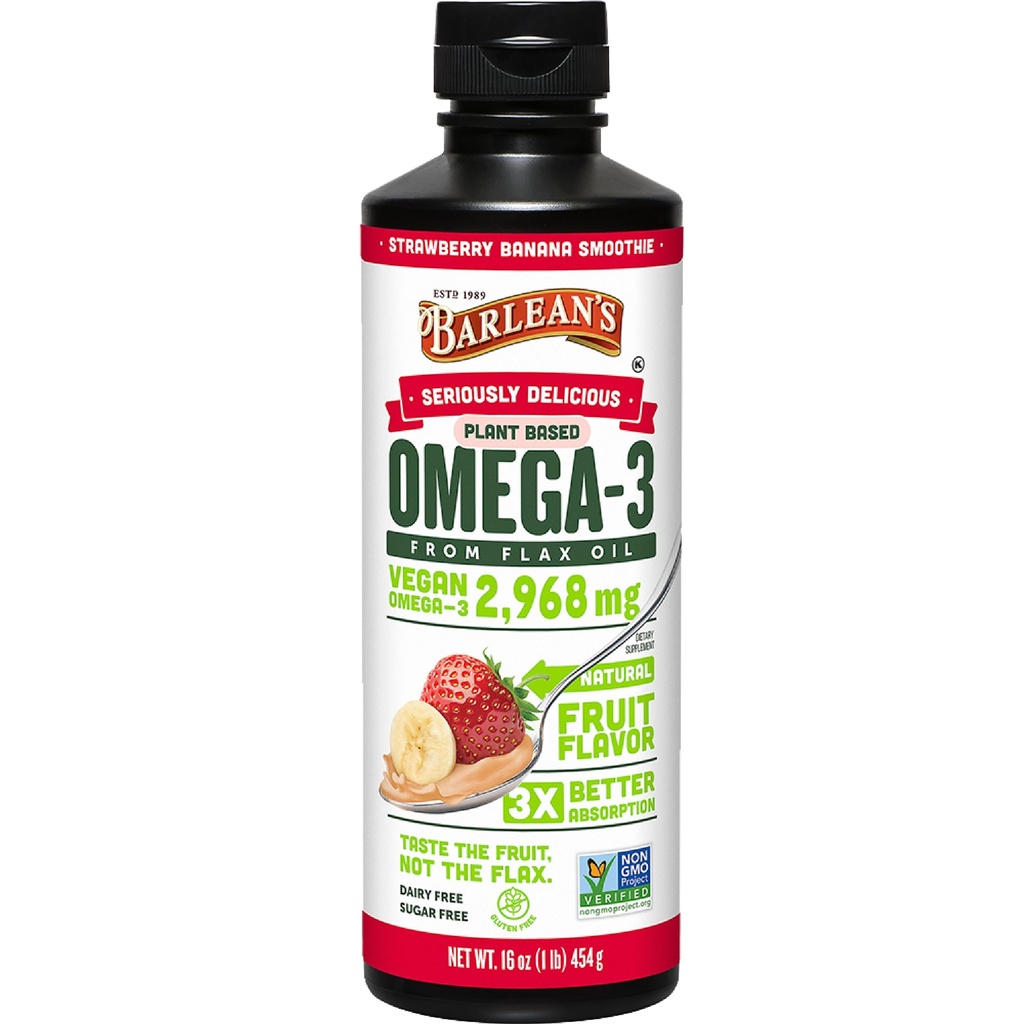 Barlean's Vegan Omega 3 6 9 Linsēklu eļļa Šķidruma papildinājums, zemeņu Banana Smoothie, Linu sēklu eļļa ar 2,968 mg ALA Taukskābju, ne-GMO un bez glutēna, 16 oz