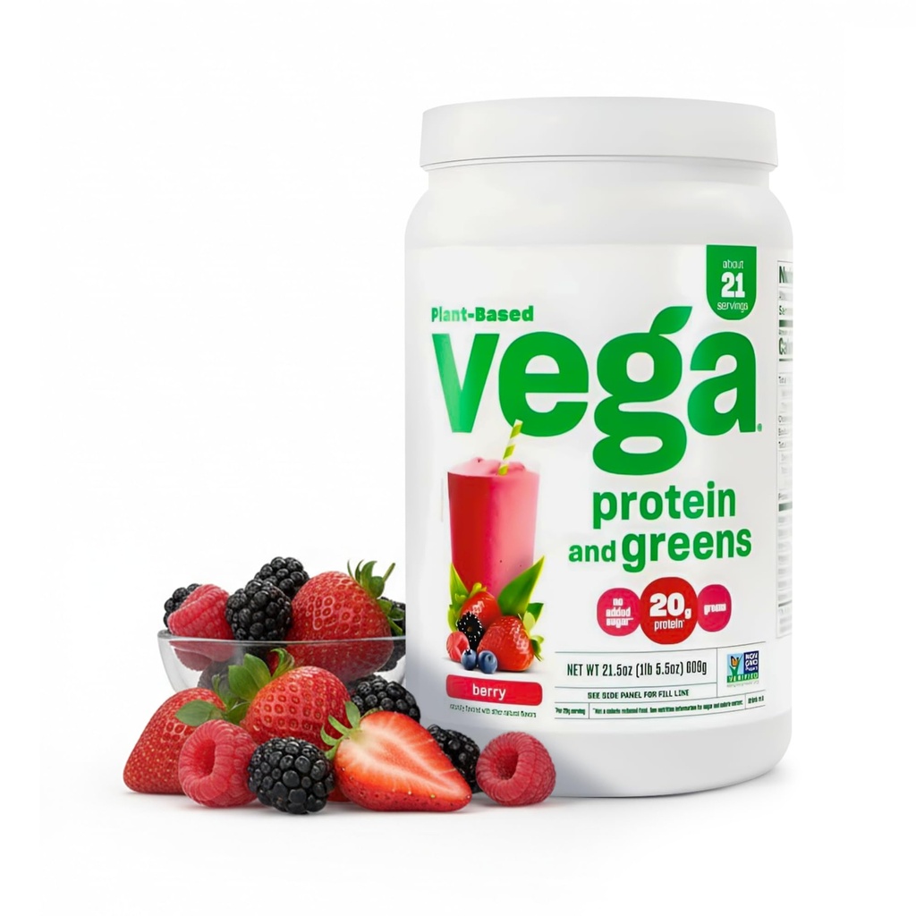 Vega proteīns un zaļās olbaltumvielas pulveris, Berry - 20g augu izcelsmes proteīns Plus Veggies, Vegan, neĢMO, Pea Protein sievietēm un vīriešiem, 1,3 mārciņas (iepakojums May Vary)