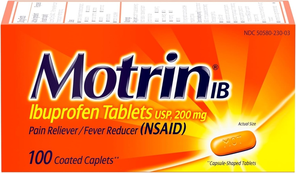 Motrīna IB, Ibuprofēna 200 mg tabletes, sāpes Reliveris un drudzis Muskuļu sāpes, galvassāpes, muguras sāpes, menstruālie krampji un nelielas sāpes, NPL, 100 Ct