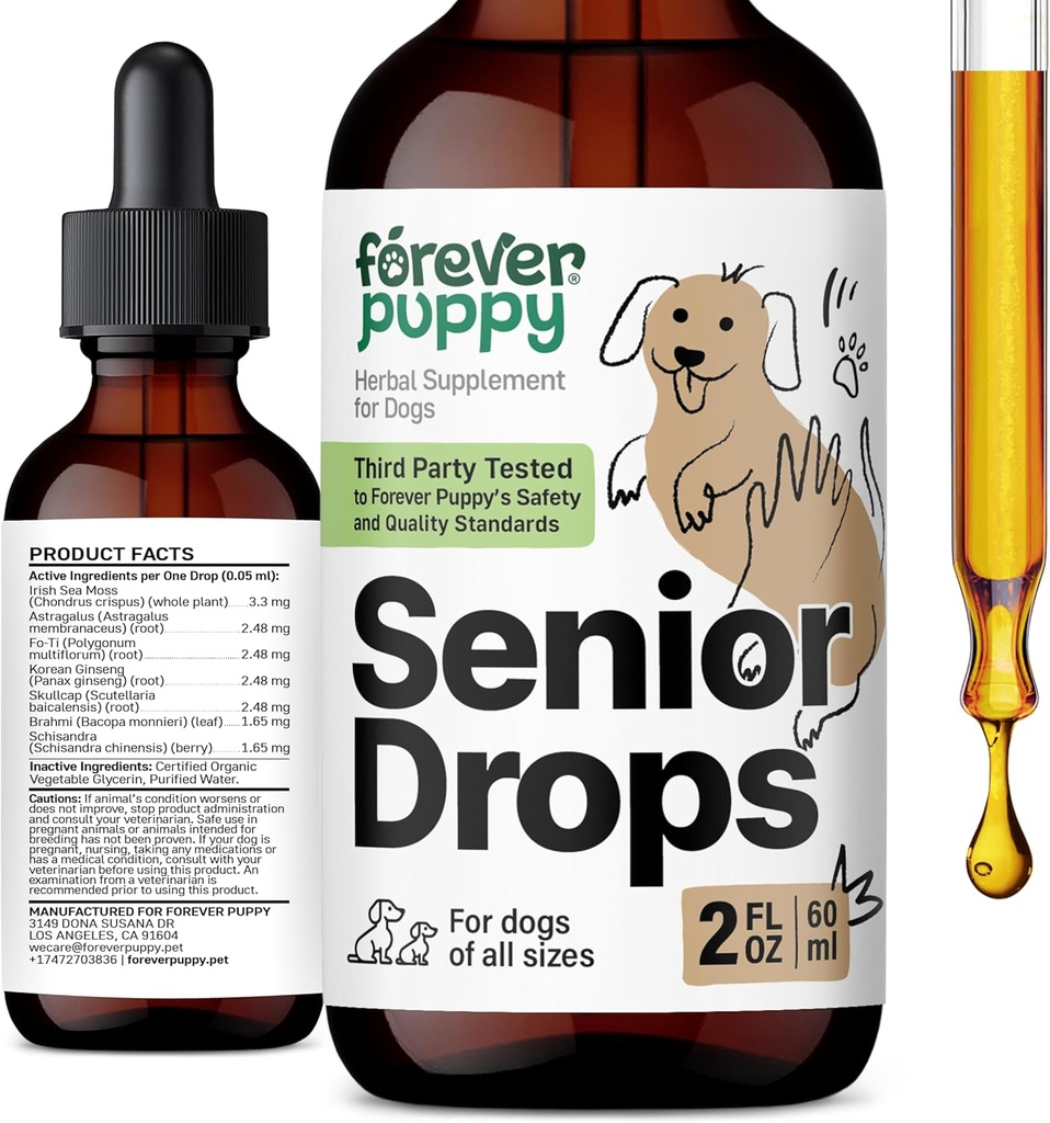 Forever Puppy Senior suņi pilieni - Imūnās un smadzeņu atbalsta komplekss veciem suņiem visu šķirņu un izmēru - Vitamīni un papildinājumi vecākiem mājdzīvniekiem - uztura bagātinātāji - 2oz