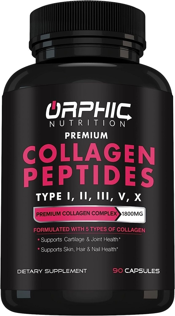 ORFIC NUTRICION kolagēna peptīdi Kapsulas sievietēm,1800mg Multi-kolagēna tabletes I, II, III, V, X - Atbalsta Gremošanas Veselība Saglabājot spēcīgu locītavu, tendonu, saišu un muskuļu * 90 Caps
