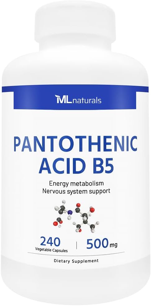 ML Naturals Pantothenic Acid B5 240 Augu kapsulas. Enerģijas metabolisms, nervu sistēmas atbalsts, NSF-sertificēts & cGMP-Compliant