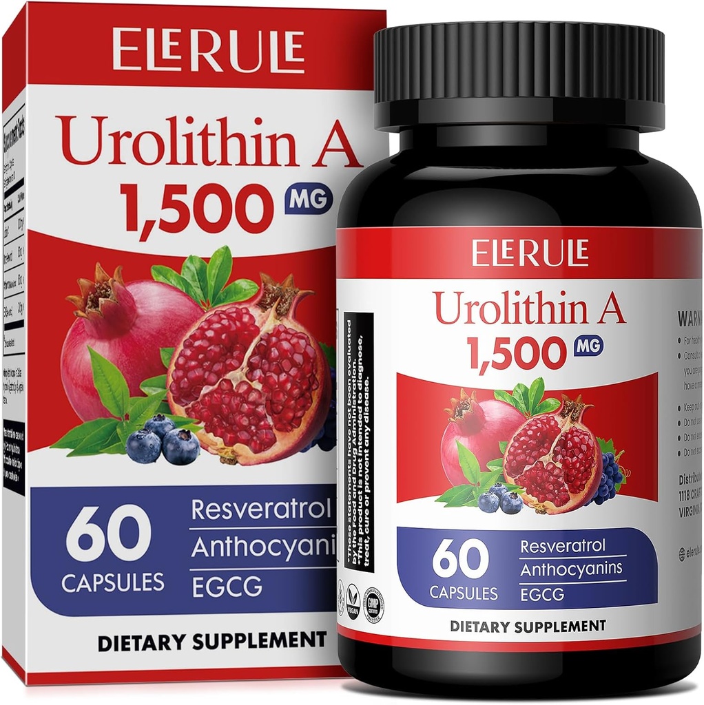 Urolithin papildinājums 1000 mg Plus Trans-Resveratrol, Antocianīni, zaļā tēja,veicinot veselīgu novecošanu,atbalsta šūnu un enerģiju vīriešiem un sievietēm, 60 kapsulas